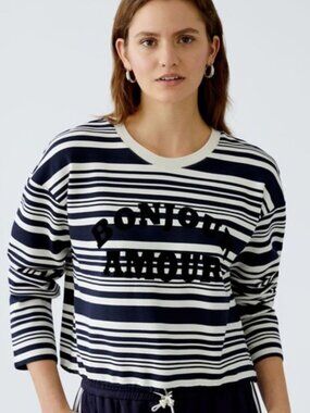 Oui WHITE Dark Navy BLUE STRIPE DRAWSTRING WAIST SWEATSHIRT